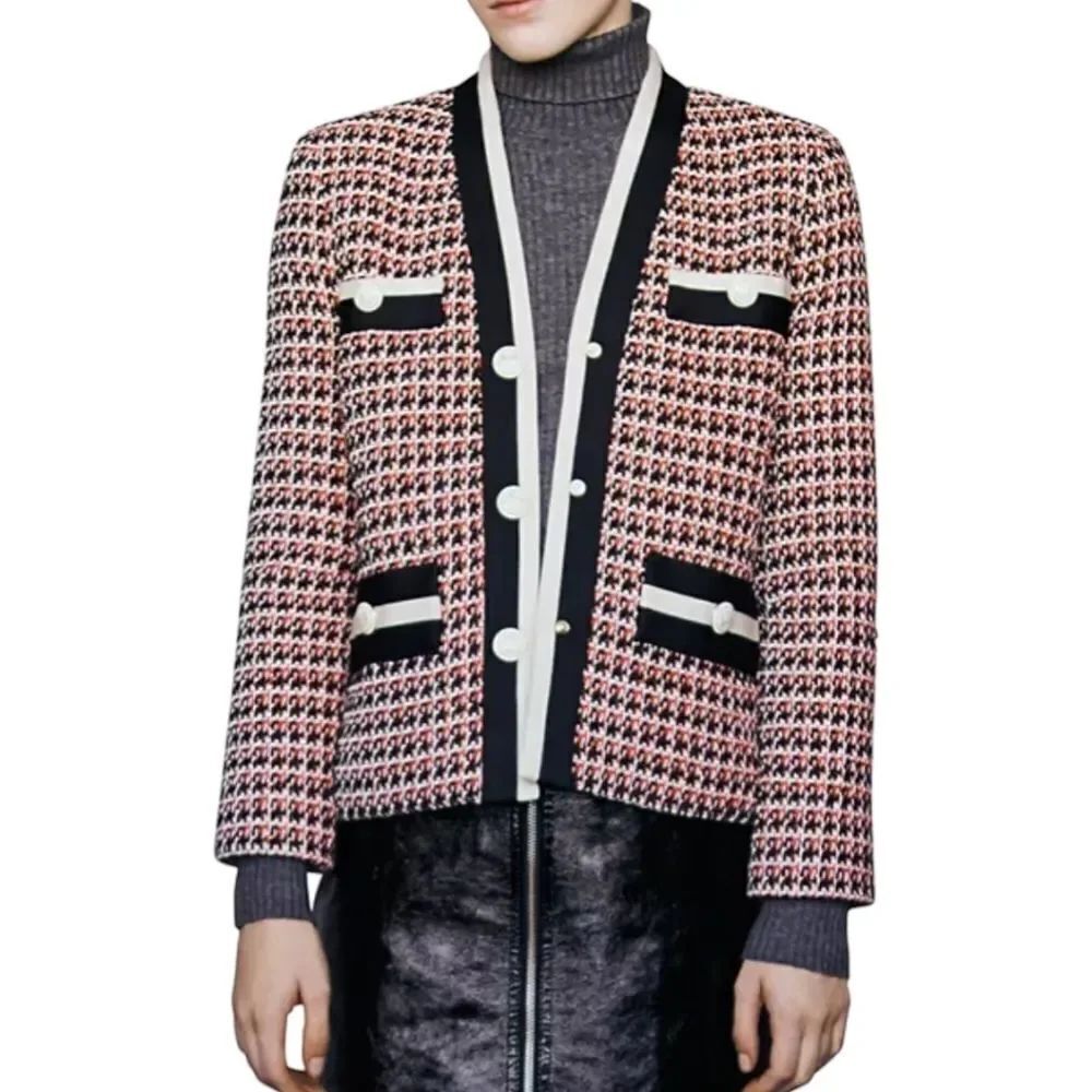 Maje Viroma Tweed Jacket In Red Black White Trim Career Preppy Women's 36, S NWT